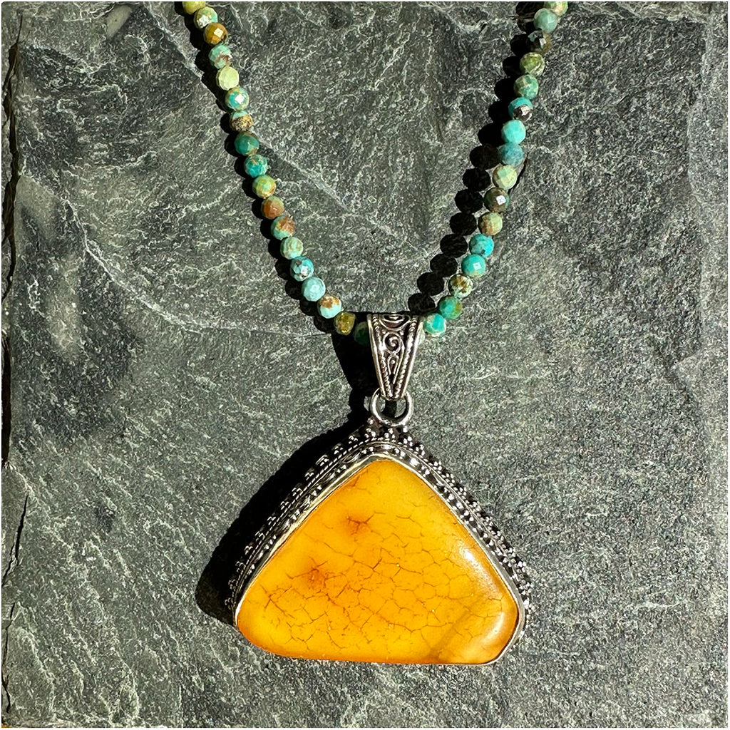 Amber Pendant and Beaded Turquoise Necklace