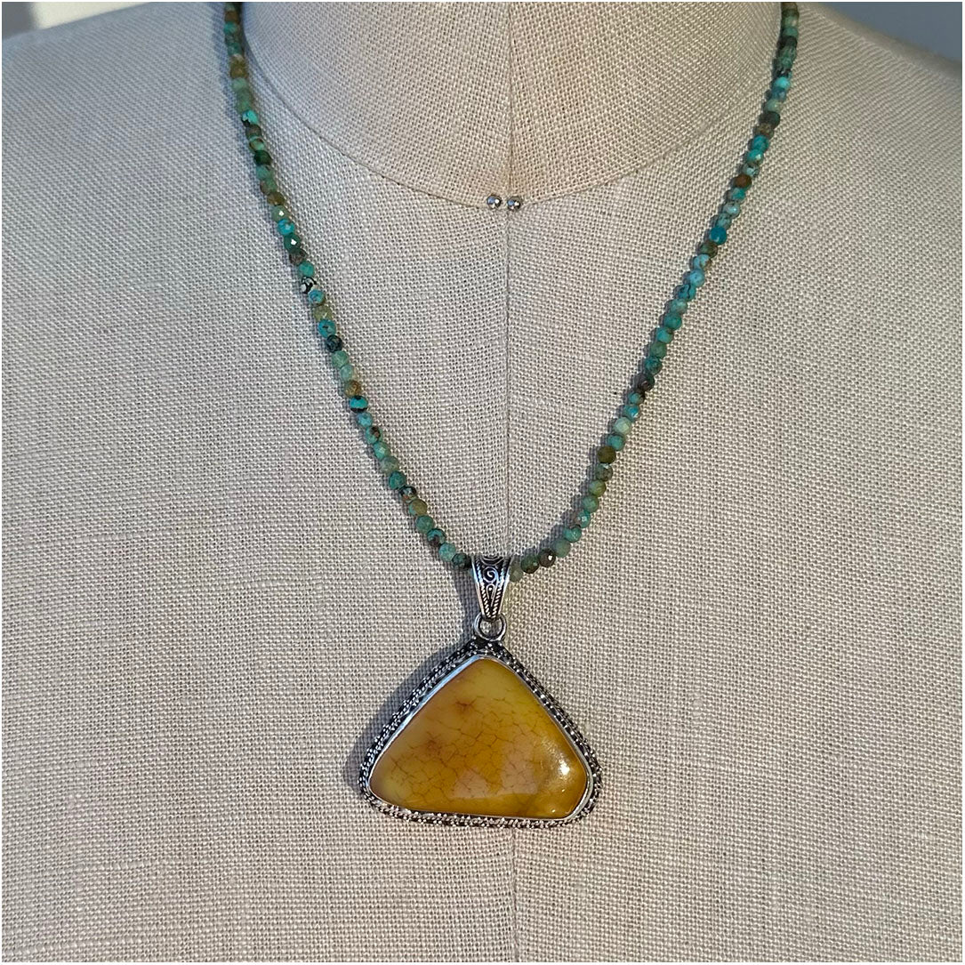 Amber Pendant and Beaded Turquoise Necklace