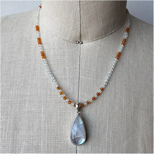 Moonstone and Beaded Carnelian and White Topaz Necklace