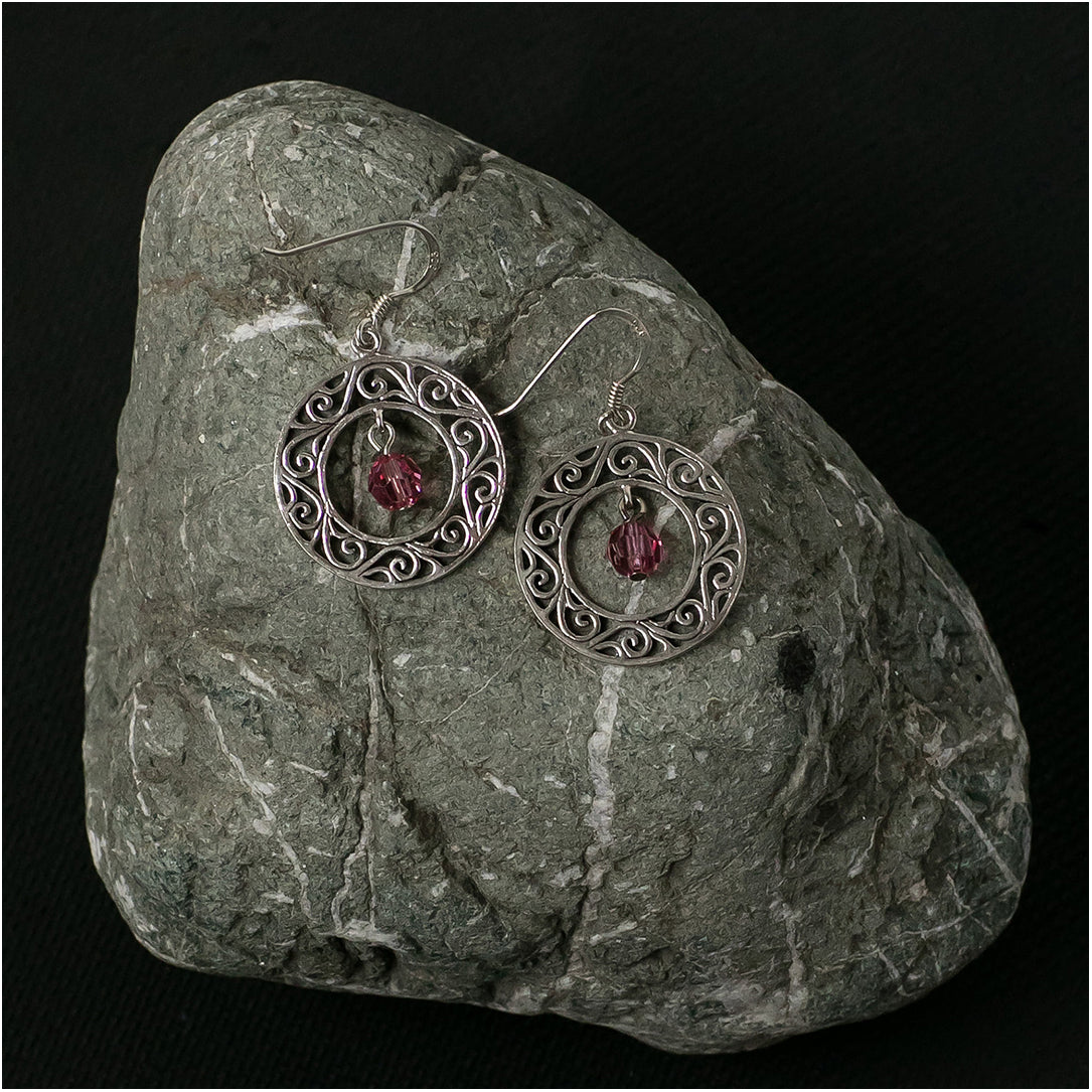 Silver Hoop Earrings with Pink Crystal