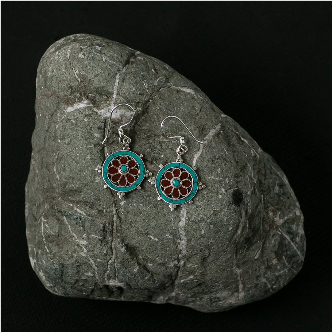 Silver Earrings with Turquoise and Carnelian Stone