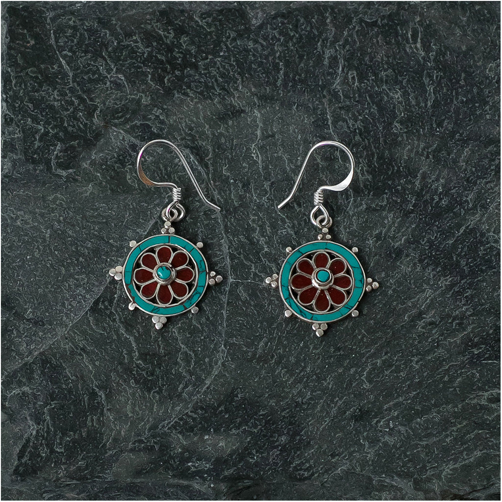 Silver Earrings with Turquoise and Carnelian Stone