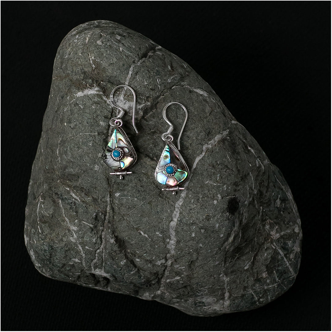 Silver Earrings with Turquoise and Abalone Shell - Teardrop