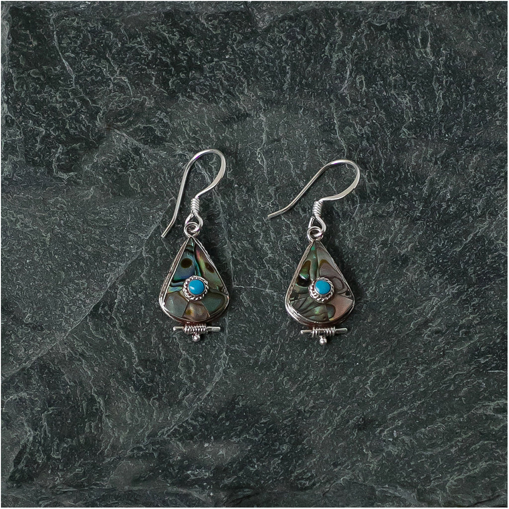 Silver Earrings with Turquoise and Abalone Shell - Teardrop