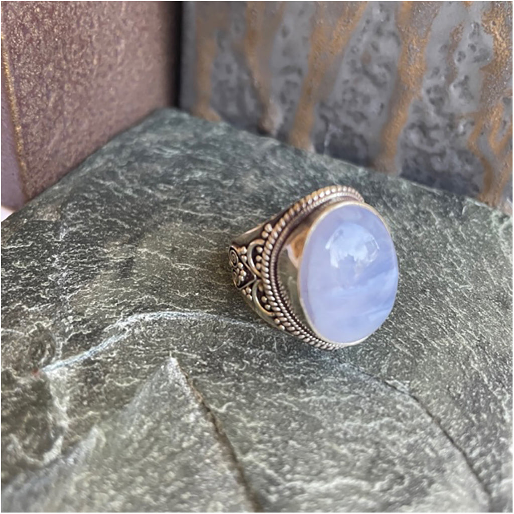 Silver Ring with Blue Lace Agate Stone - Ring Size 7.5