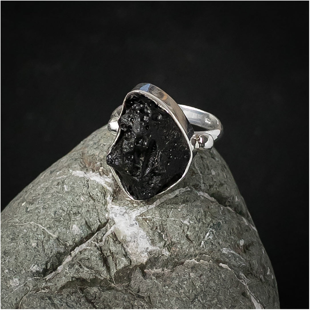 Silver Ring with Tektite Meteorite - Half Moon